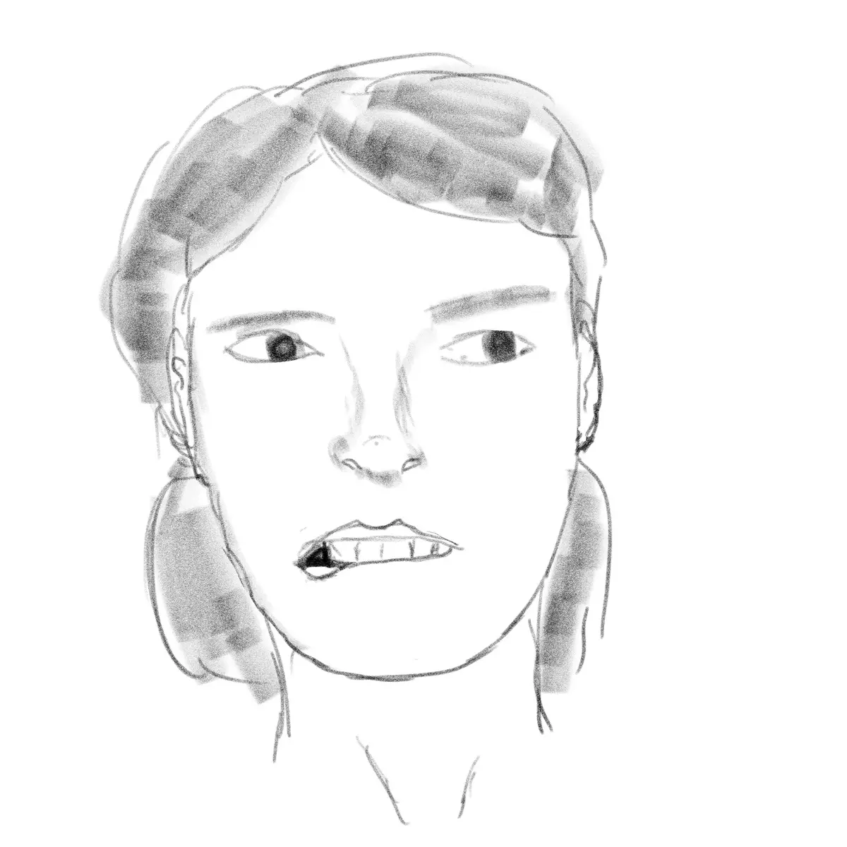 A black-and-white sketch of a person's face with a stern, slightly open-mouthed expression, conveying intense seriousness…
