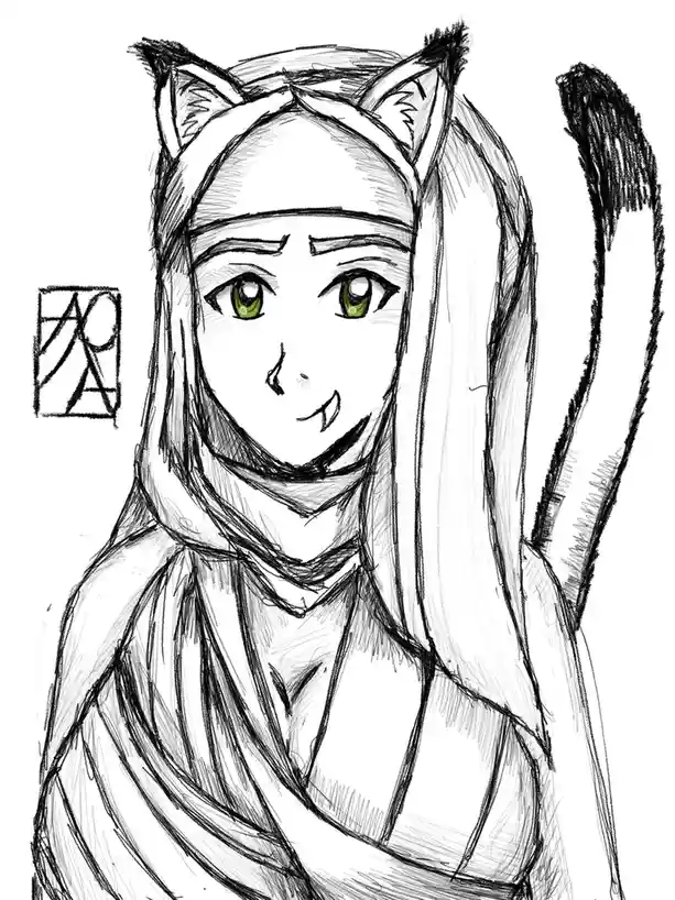 A black-and-white sketch of an anime-style girl with long hair, cat ears, and a cat tail, wearing a hooded outfit. Her eyes…