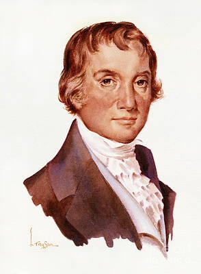 A watercolor portrait of a man in 18th-century formal attire, featuring a powdered wig, white cravat, and dark coat, with…