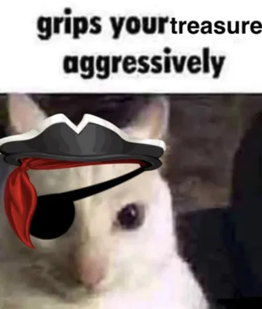 A close-up photo of a white cat with a cartoon pirate hat and eyepatch edited onto its head. The text overlaid at the top…