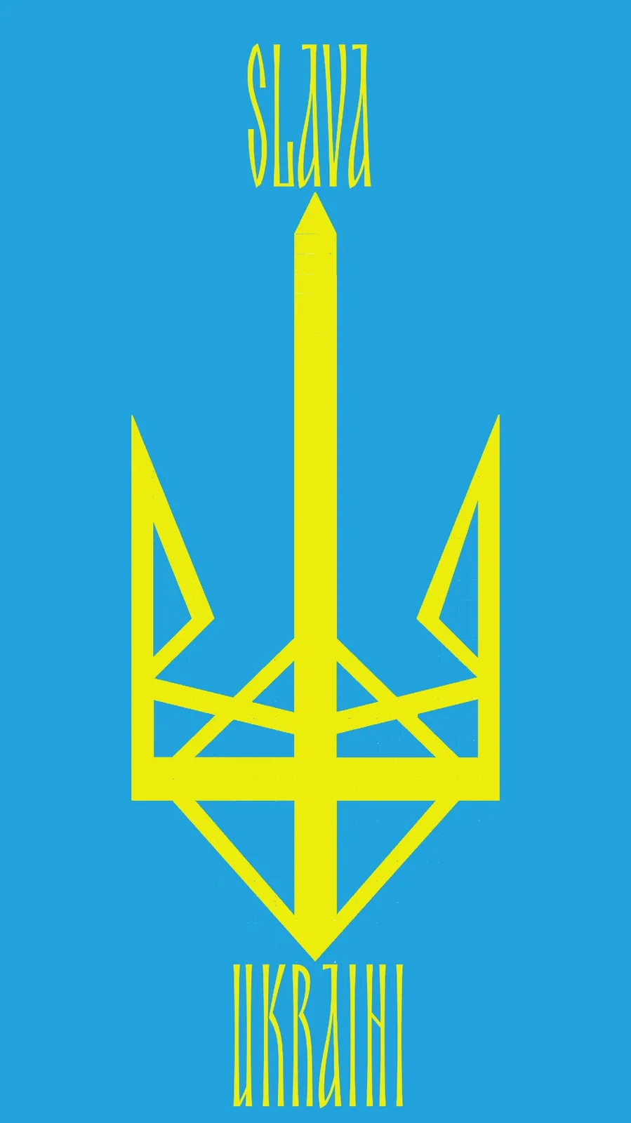 A blue background features a yellow trident, the national symbol of Ukraine, with the word 'SLAVA' above it and 'UKRAINI'…