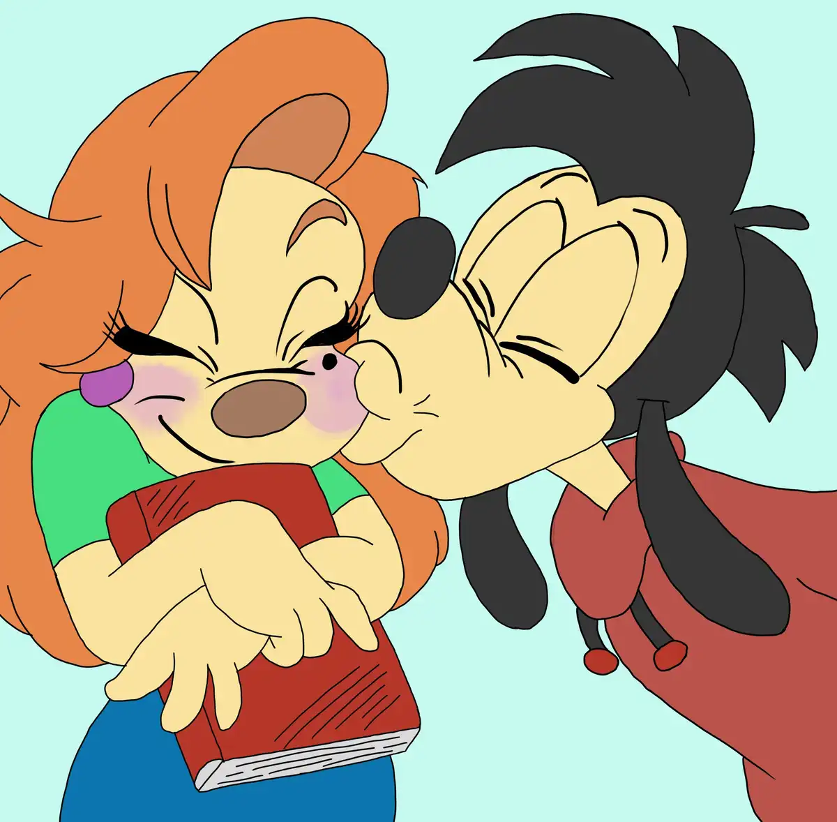 Two cartoon characters, one with orange hair and a green shirt holding a red book, and another with black hair and a red…