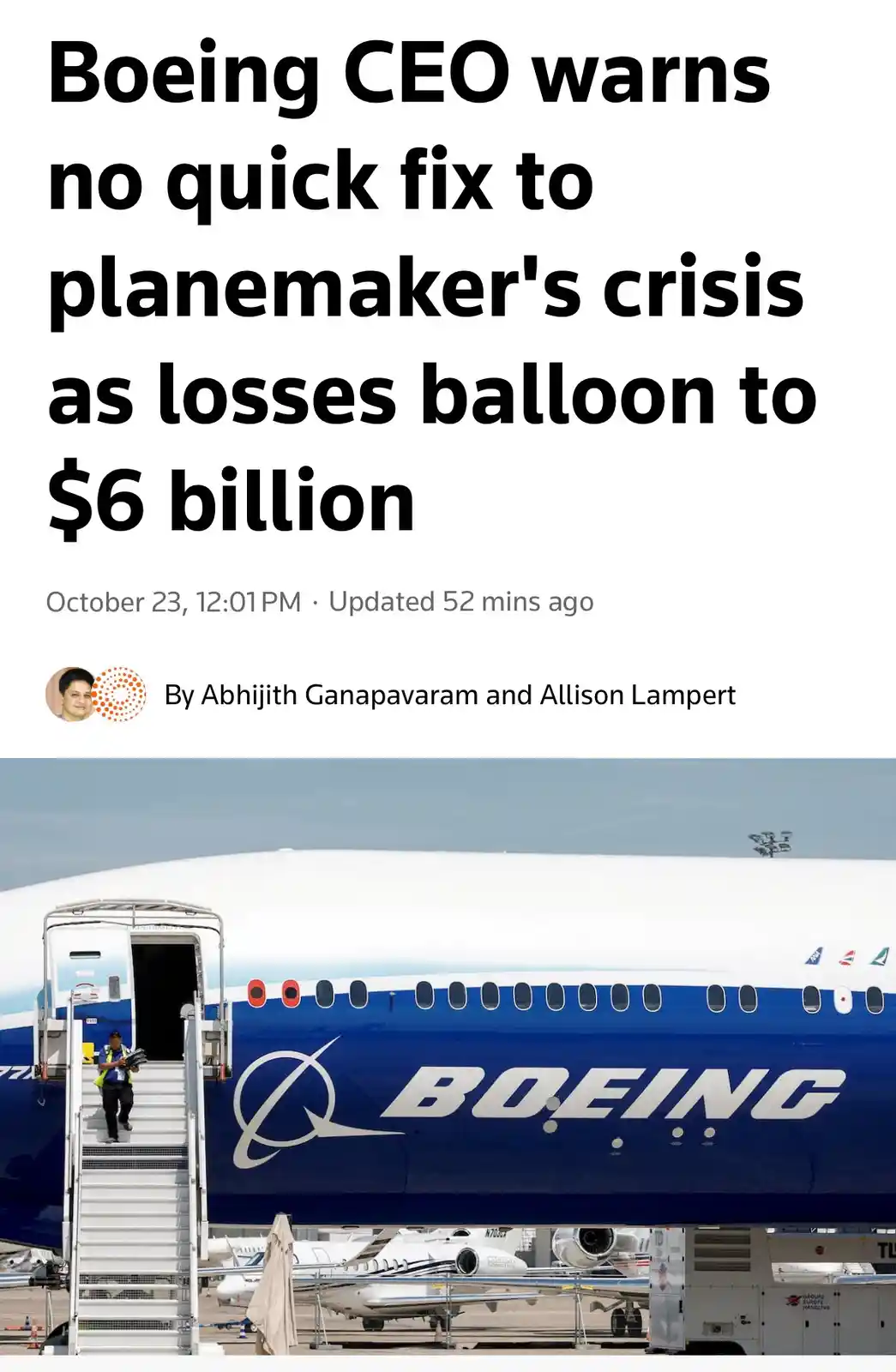 A news article headline overlays a photo of a large blue and white Boeing airplane on an airport tarmac. The headline reads…