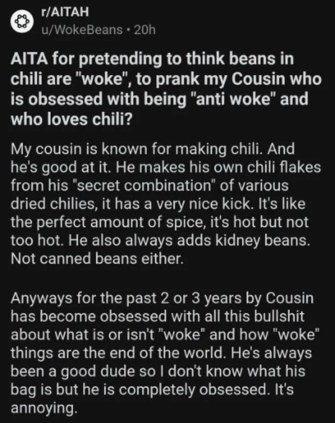 A screenshot of a Reddit post from r/AITA, where the user asks if they're in the wrong for pretending to think beans in…