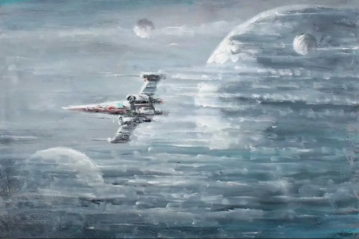 A painted image shows a starfighter, resembling an X-wing, flying through a cloudy, atmospheric sky with large celestial…