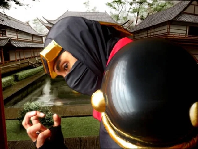 A person in a black ninja costume with a gold-trimmed hood and red sash leans forward, peeking over a large, shiny black…