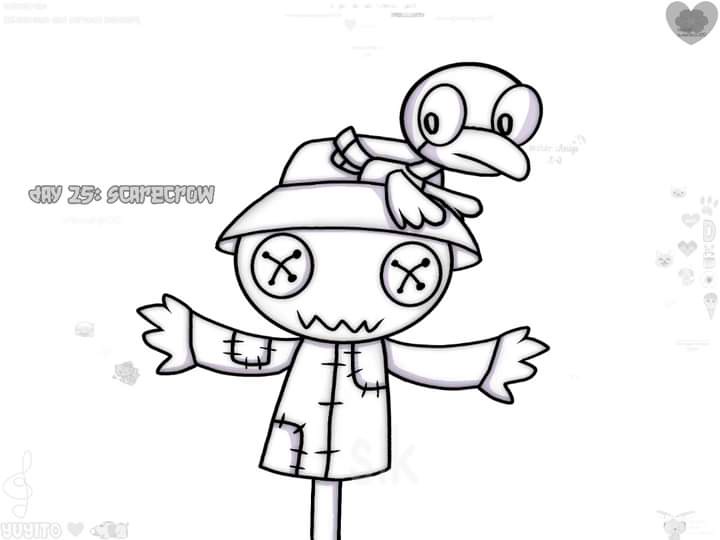 A black-and-white line drawing shows a cartoon scarecrow with X-shaped eyes, stitched mouth, and arms, wearing a hat. A…