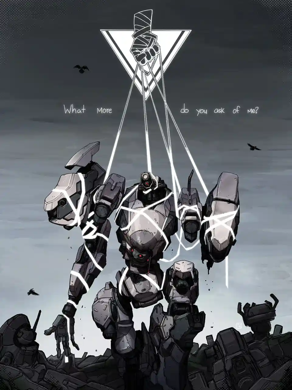 A large, heavily armored mech stands amidst rubble, its body outlined by glowing white strings attached to a giant, bandaged…
