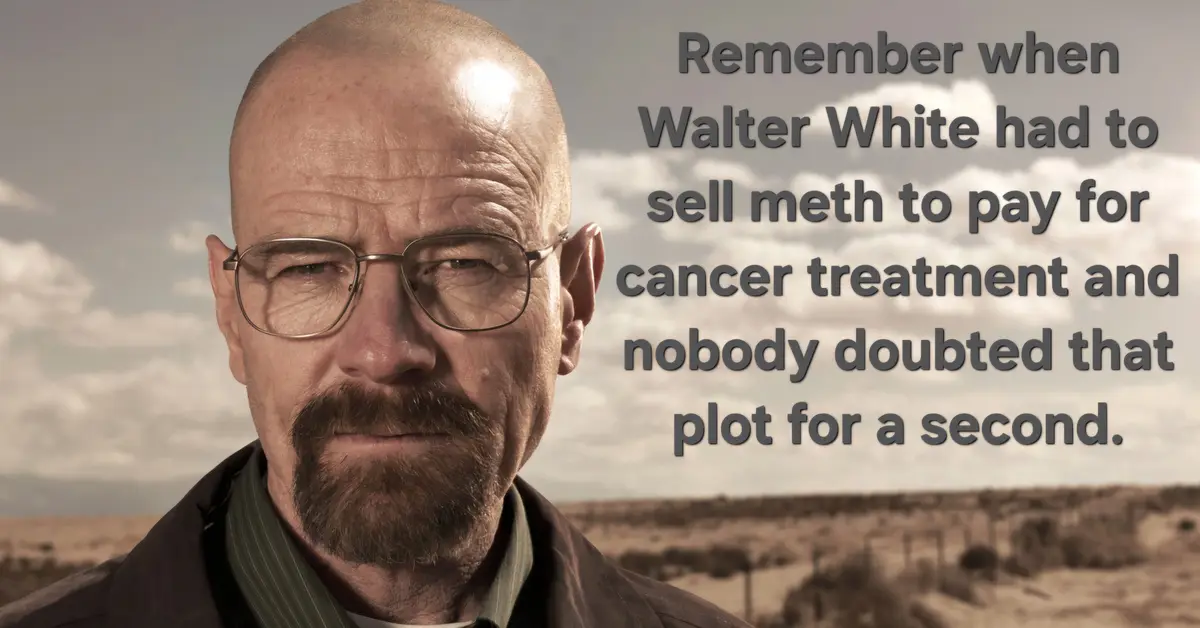 A close-up image of Walter White from 'Breaking Bad' with a serious expression, set against a desert backdrop. Overlaid text…