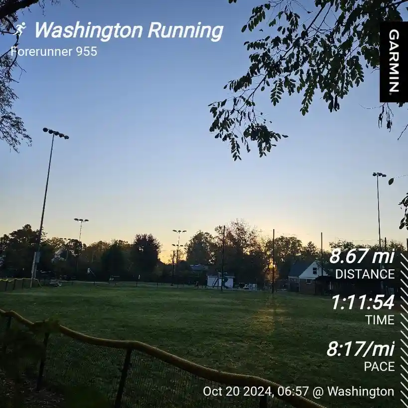 A screenshot of a Garmin Forerunner 955 running watch displaying a completed 8.67-mile run at 8:17 per mile pace, taken at…