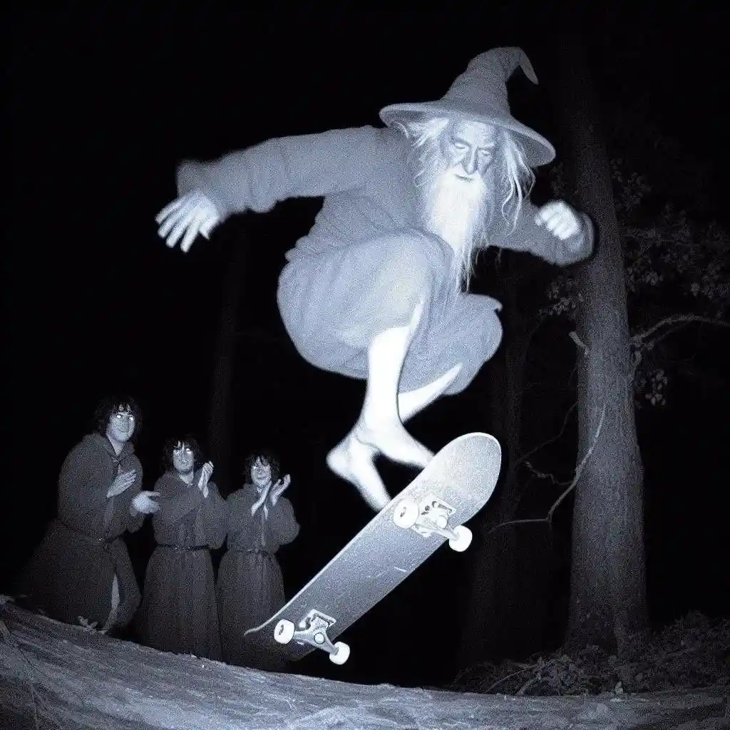 A black-and-white image shows a wizard in a pointed hat and robe mid-air on a skateboard, with three people in similar robes…