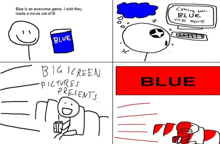 A four-panel comic strip shows a stick figure expressing wishful thinking about a game called 'Blue' getting a movie…