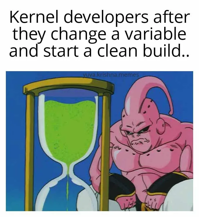 A pink, muscular anime character with a long horn and angry expression sits beside a large hourglass filled with green sand…