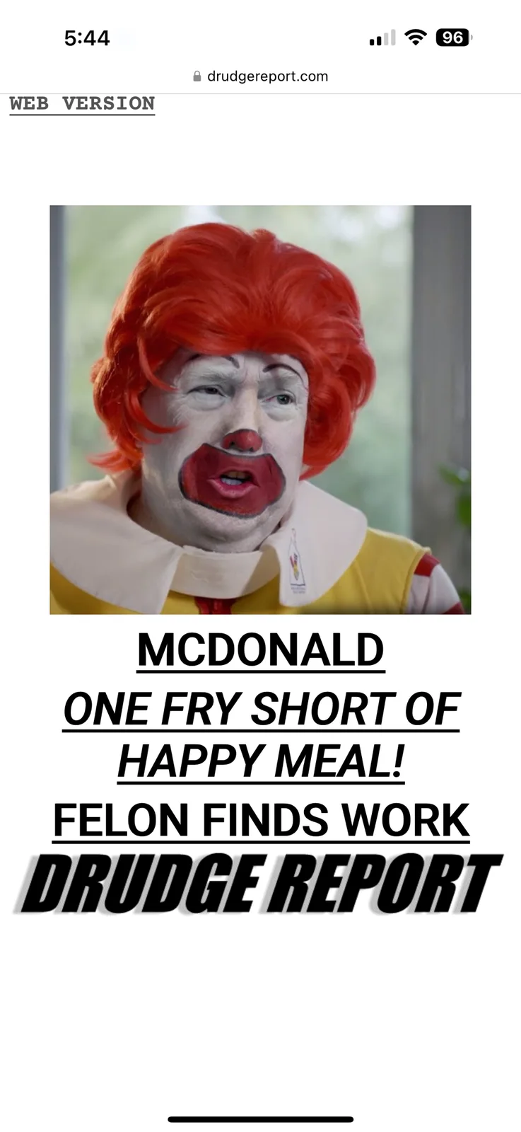 The image shows a person in a Ronald McDonald costume with a distressed, worried facial expression. Overlaid text reads…
