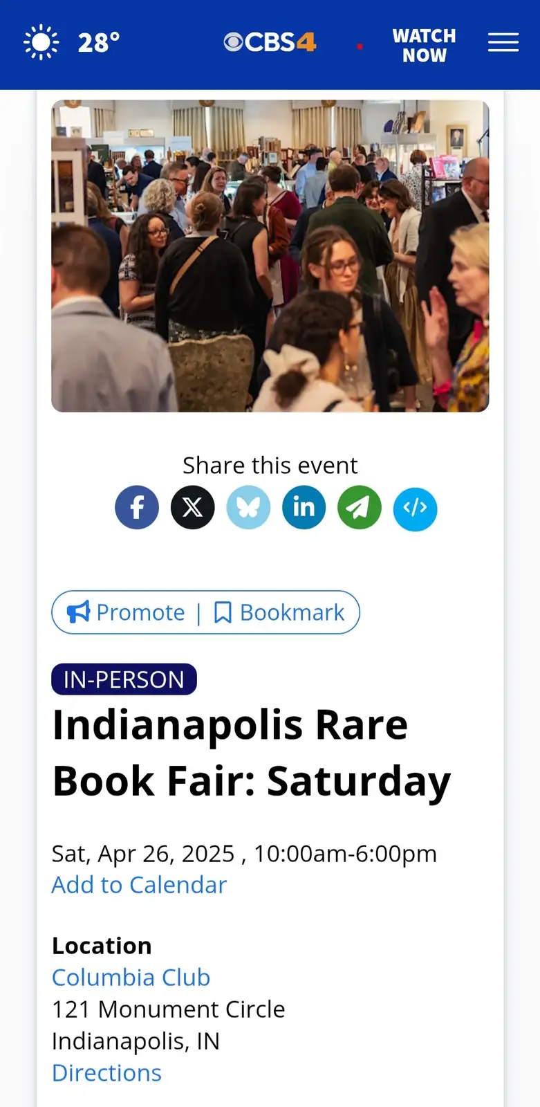A screenshot of a CBS4 event page for the 'Indianapolis Rare Book Fair: Saturday' on April 26, 2025, showing a crowded…