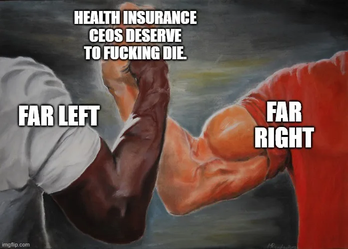 Two muscular arms locked in an arm-wrestling match, one wearing a white shirt labeled 'FAR LEFT' and the other in red…