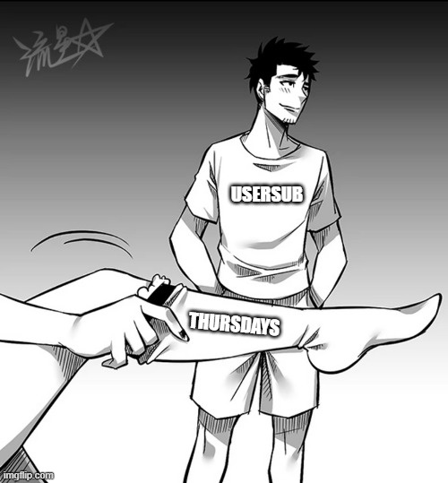 A black-and-white anime-style illustration shows a man wearing a t-shirt labeled 'USERSUB' standing with a leg extended…