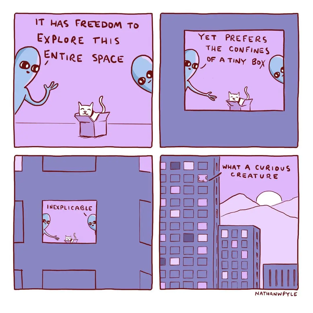 A four-panel comic shows two alien observers watching a cat in a box. The aliens first note the cat has freedom to explore…