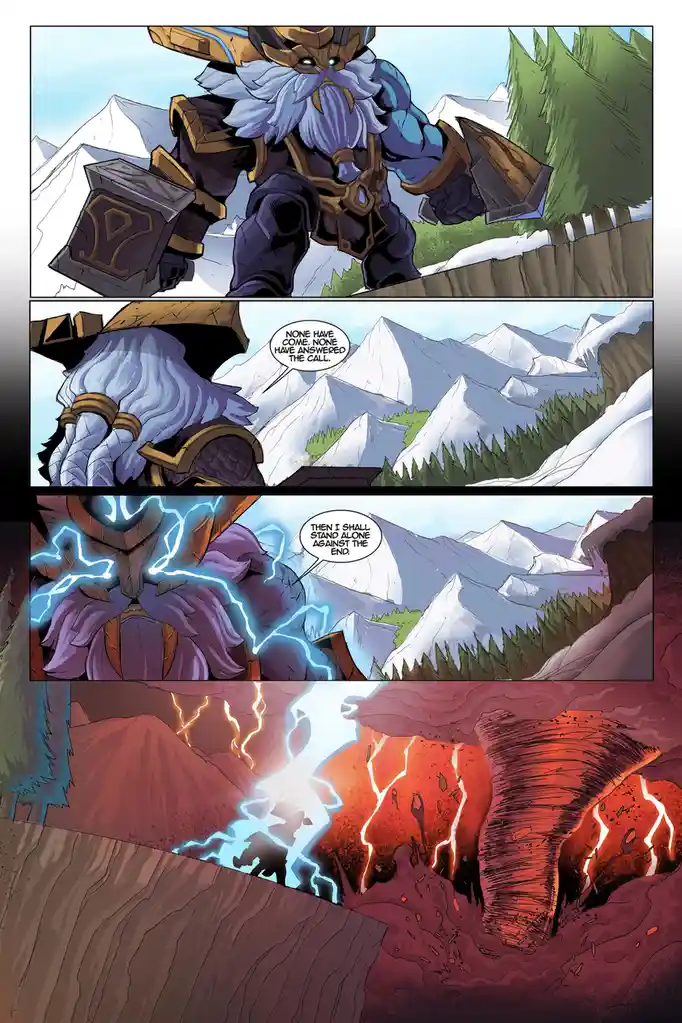 A comic strip shows a bearded, armored fantasy hero standing alone on a cliff overlooking snowy mountains. He declares that…