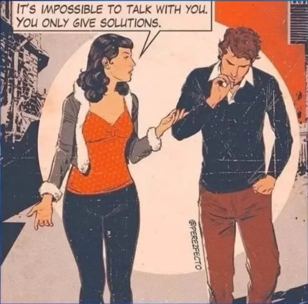 A vintage-style comic panel shows a woman speaking to a man, her hand on his arm. The speech bubble above her reads, 'IT'S…