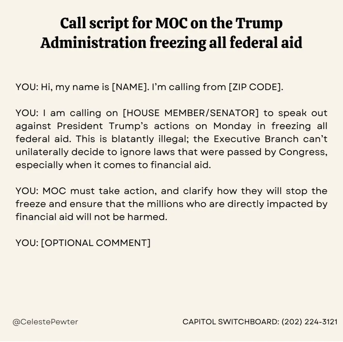 A text-based image displays a mock call script titled 'Call script for MOC on the Trump Administration freezing all federal…