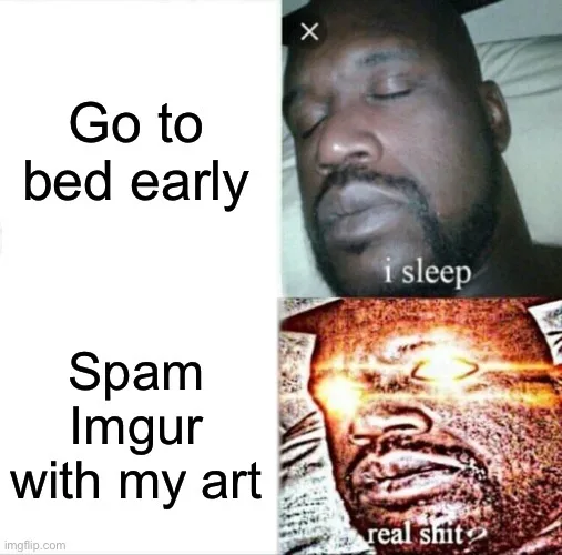 The image is a two-panel meme. The top panel shows a man sleeping with the text 'Go to bed early' and 'i sleep'. The bottom…