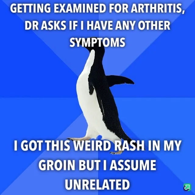 A penguin stands against a blue background with white text overlaid. The text reads: 'GETTING EXAMINED FOR ARTHRITIS, DR…
