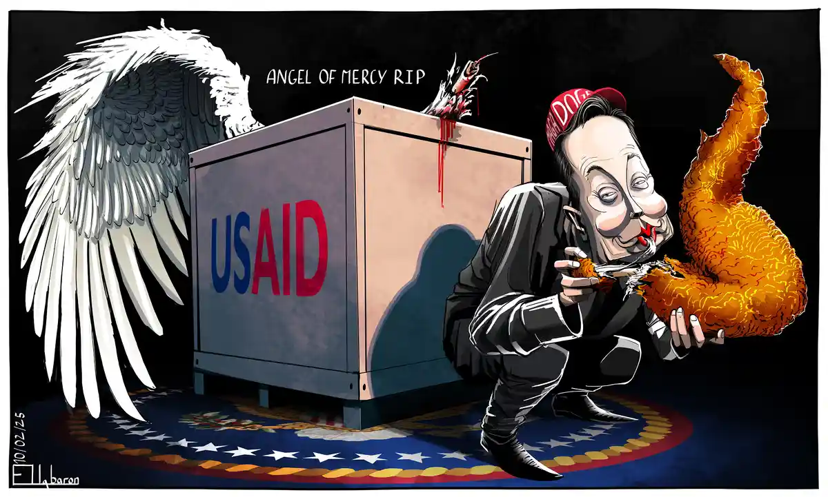 A cartoon depicts a caricature of Donald Trump, wearing a red 'Doge' cap and eating a flaming chicken leg, crouching beside…