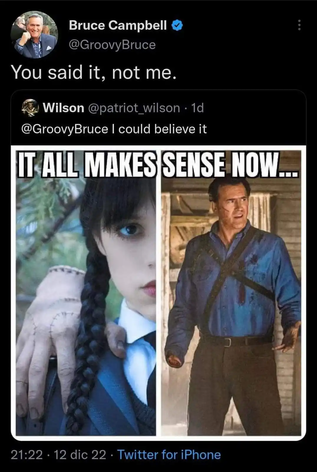 A split image shows Wednesday Addams from 'Wednesday' on the left, looking serious with a stitched hand on her shoulder, and…