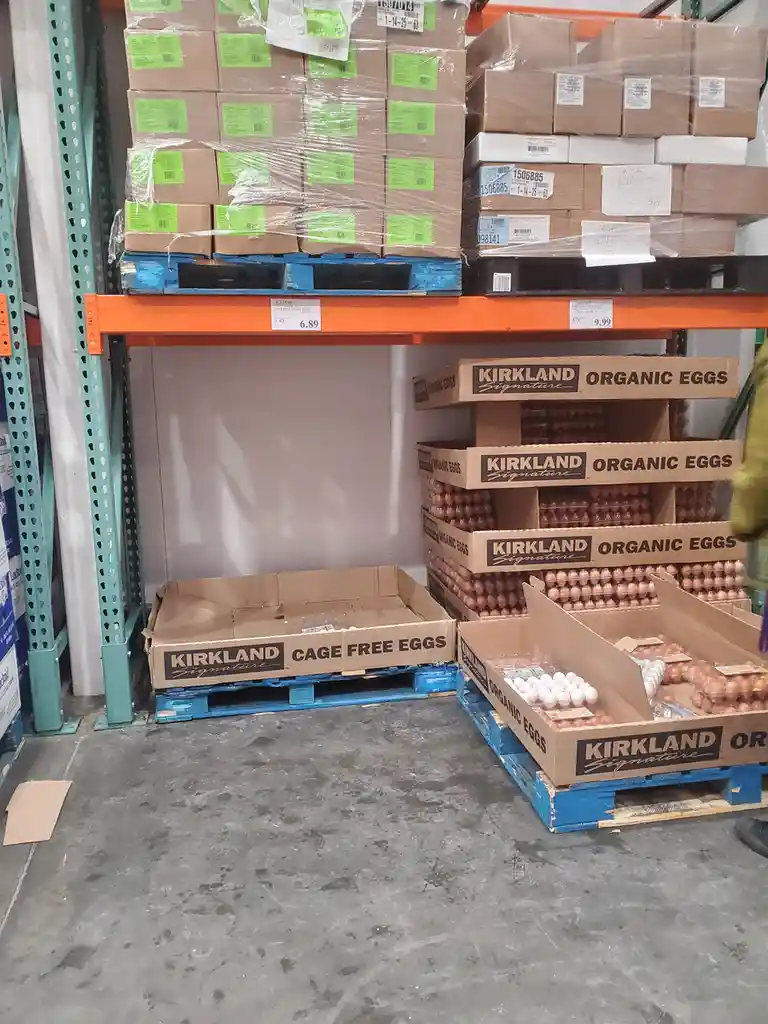 In a warehouse-style store aisle, a large cardboard box labeled 'KIRKLAND Signature CAGE FREE EGGS' sits empty on a blue…