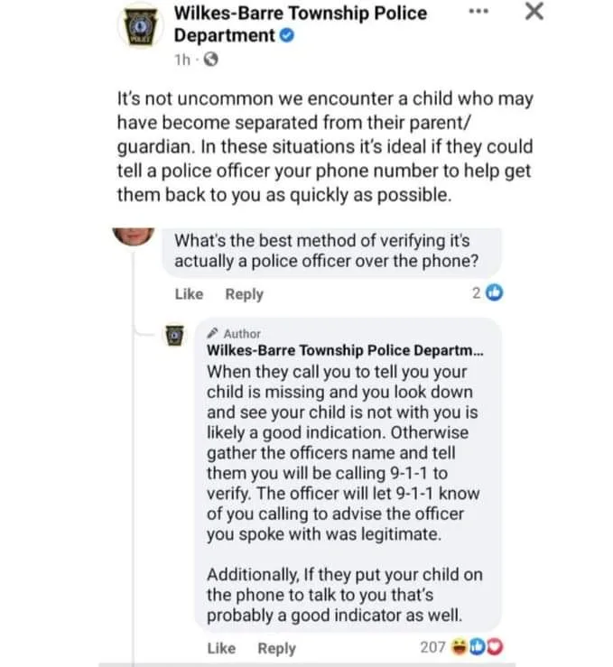 A screenshot of a Facebook post from the Wilkes-Barre Township Police Department advising parents to give their phone number…