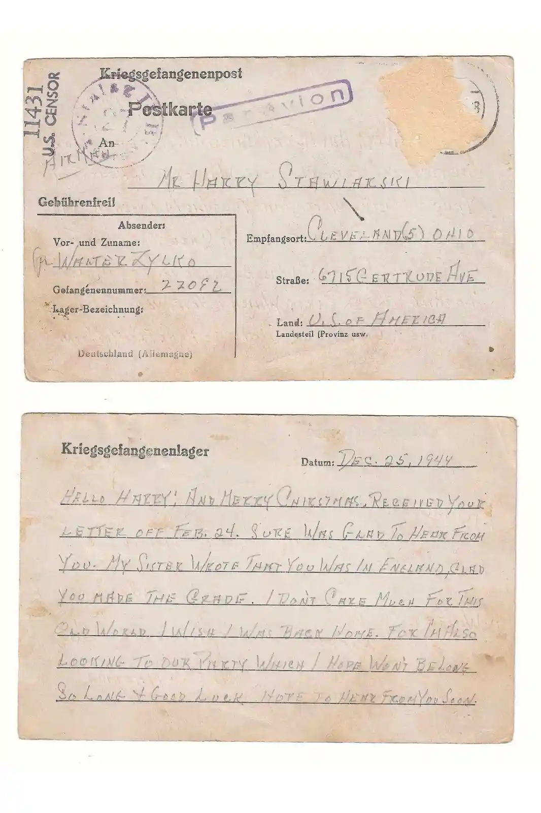 A vintage World War II German prisoner-of-war postcard, dated December 25, 1944, from a prisoner named 'Fr. Walter Kylko' to…