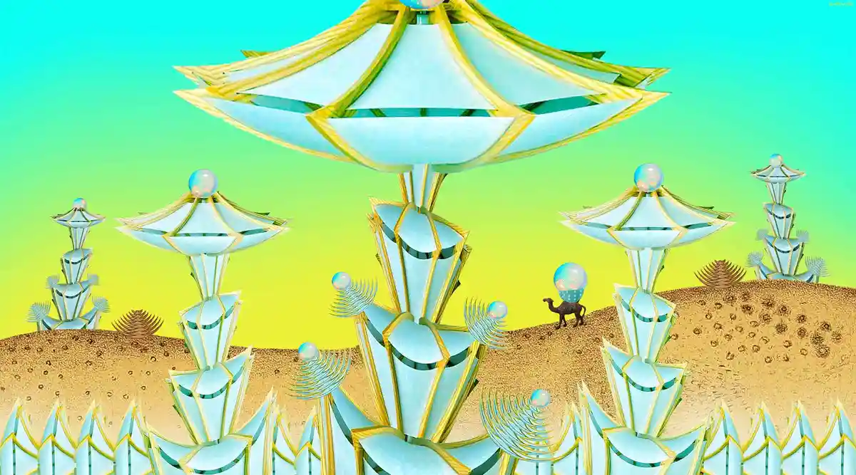 A surreal desert landscape features stylized, geometric, light-blue and gold structures resembling futuristic plants or…