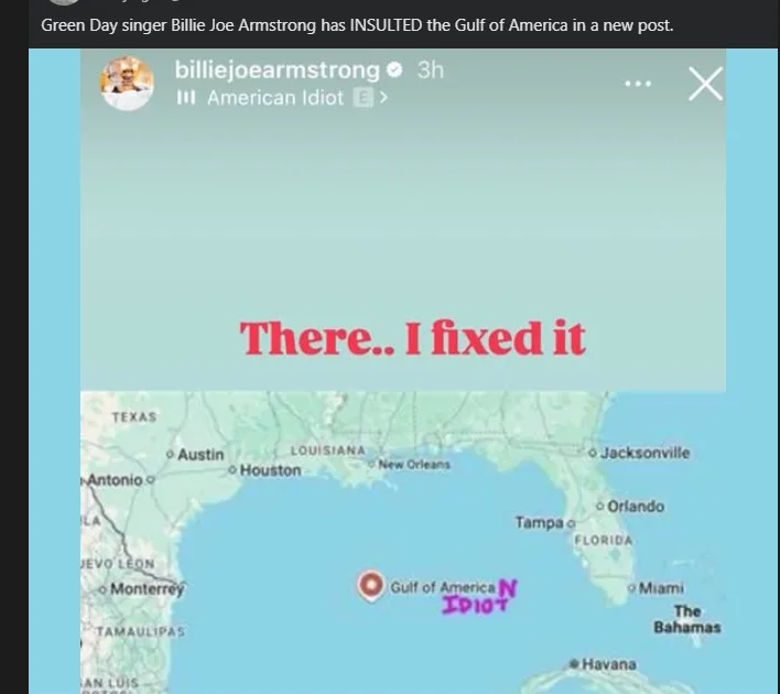 A screenshot of a social media post by Billie Joe Armstrong showing a map of the Gulf Coast. The map has a red pin labeled…