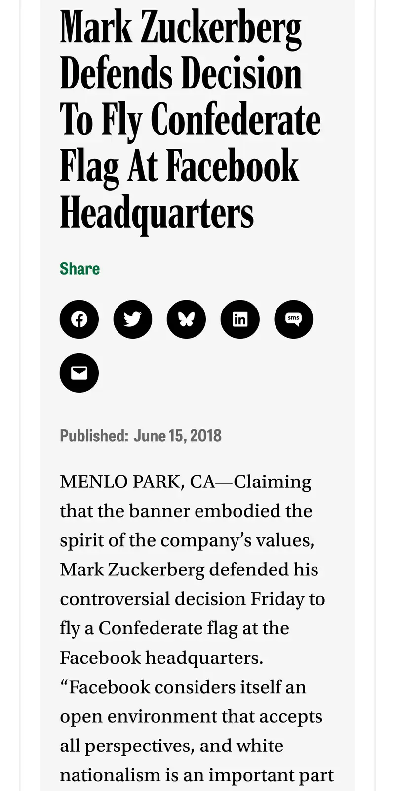 A screenshot of a fake news article from June 15, 2018, with a headline claiming Mark Zuckerberg defended flying a…