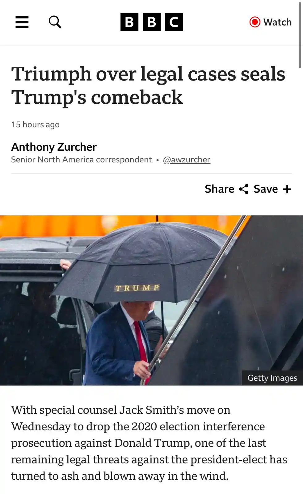 A screenshot of a BBC news article with the headline 'Triumph over legal cases seals Trump's comeback' shows Donald Trump…
