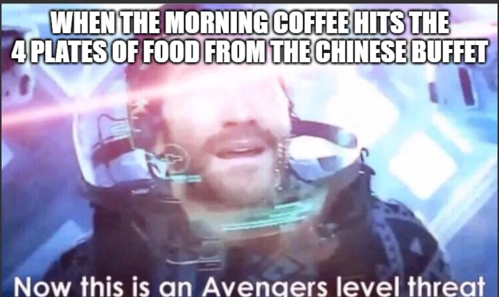 A man in a futuristic helmet with glowing effects looks overwhelmed, overlaid with text describing the feeling of morning…