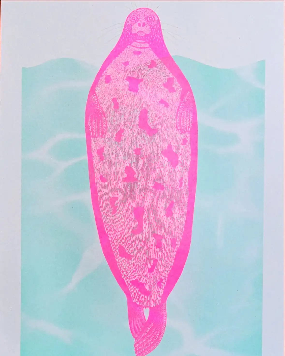 A stylized illustration of a seal rendered in bright pink with a textured, dotted pattern, set against a light blue watery…