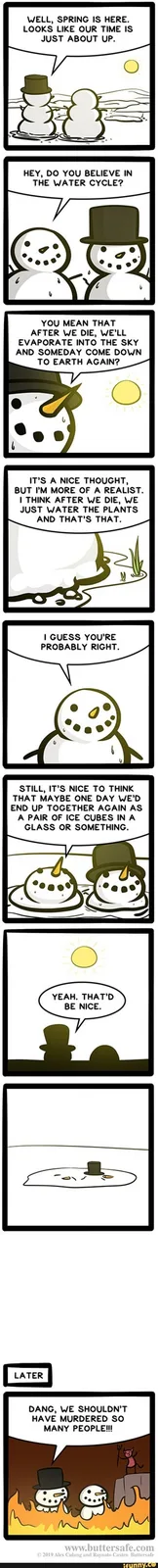 A six-panel comic strip featuring two snowmen having a philosophical conversation about the water cycle and their afterlife…