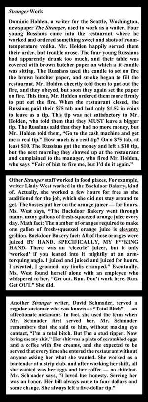 The image displays three text blocks from 'The Stranger' newspaper, each recounting a different anecdote from writers who…