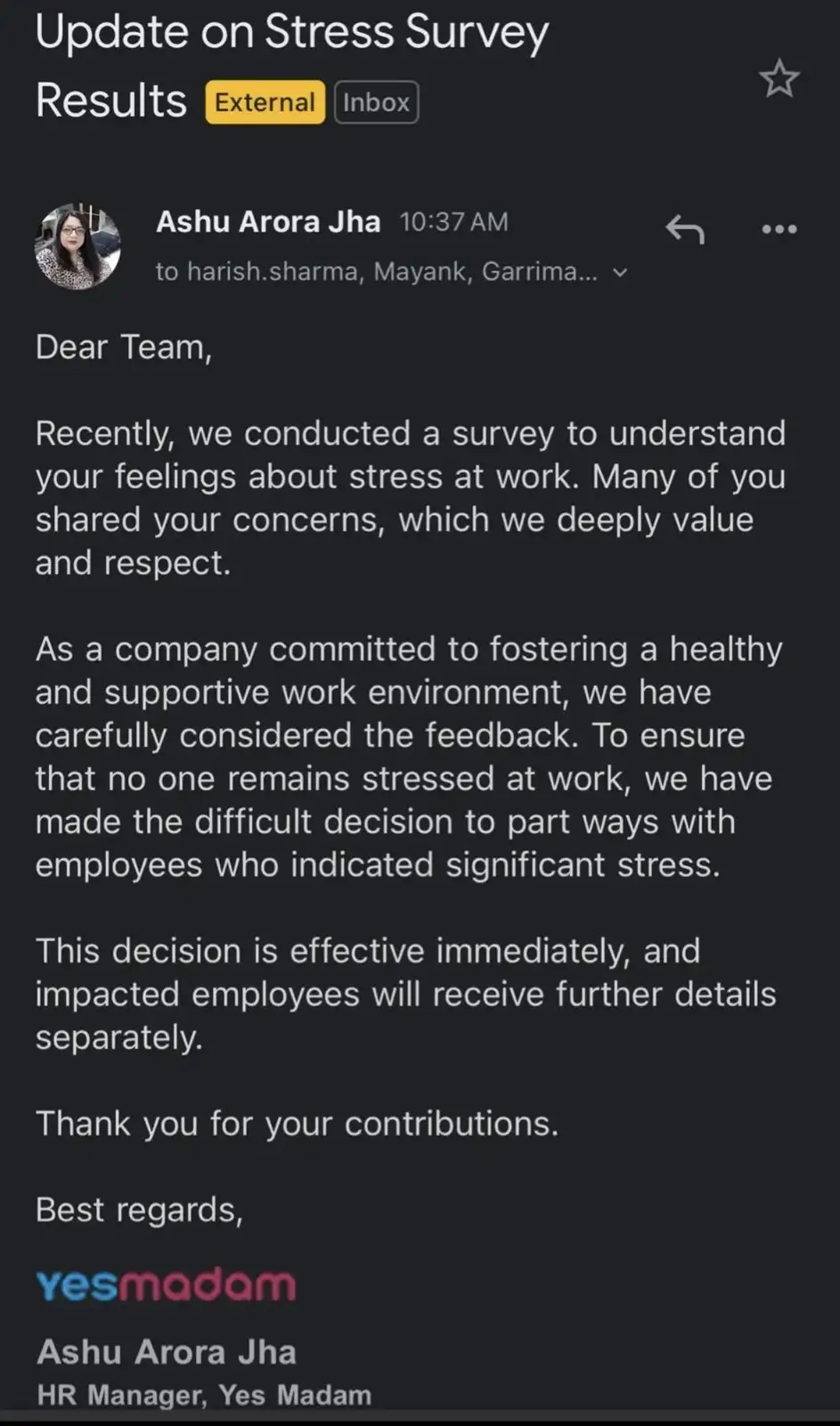 A screenshot of an email titled 'Update on Stress Survey Results' from HR Manager Ashu Arora Jha to employees at 'Yes…