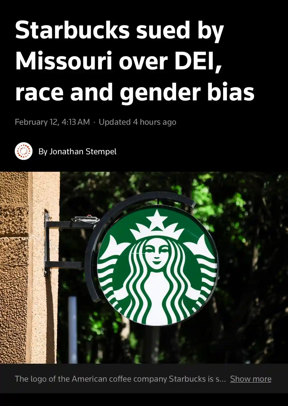 The image displays a Starbucks logo sign mounted on a building, overlaid with a news headline that reads 'Starbucks sued by…