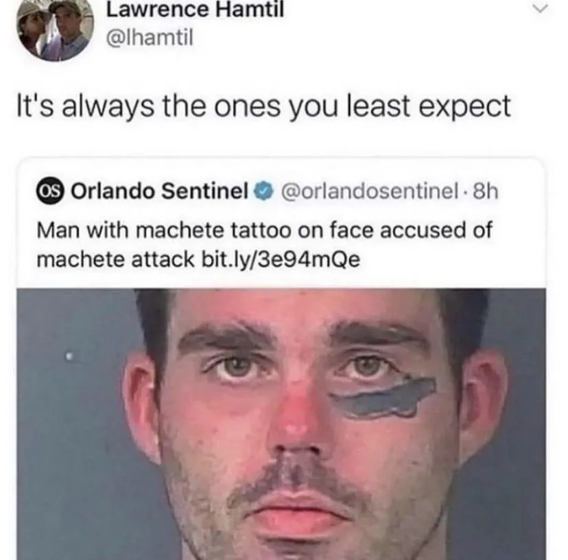 A mugshot of a man with a dark machete-shaped tattoo under his right eye. Above the photo, a tweet from the Orlando Sentinel…