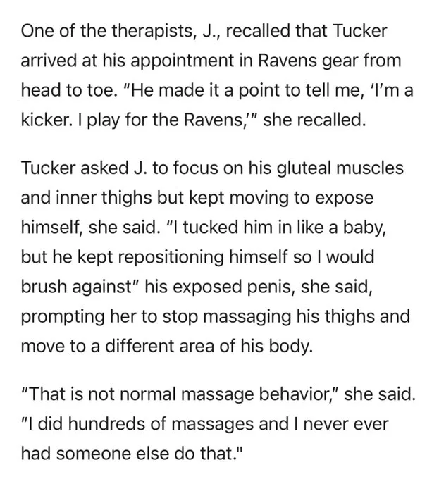 The image displays a block of text from a news article describing a bizarre massage incident involving a Ravens football…