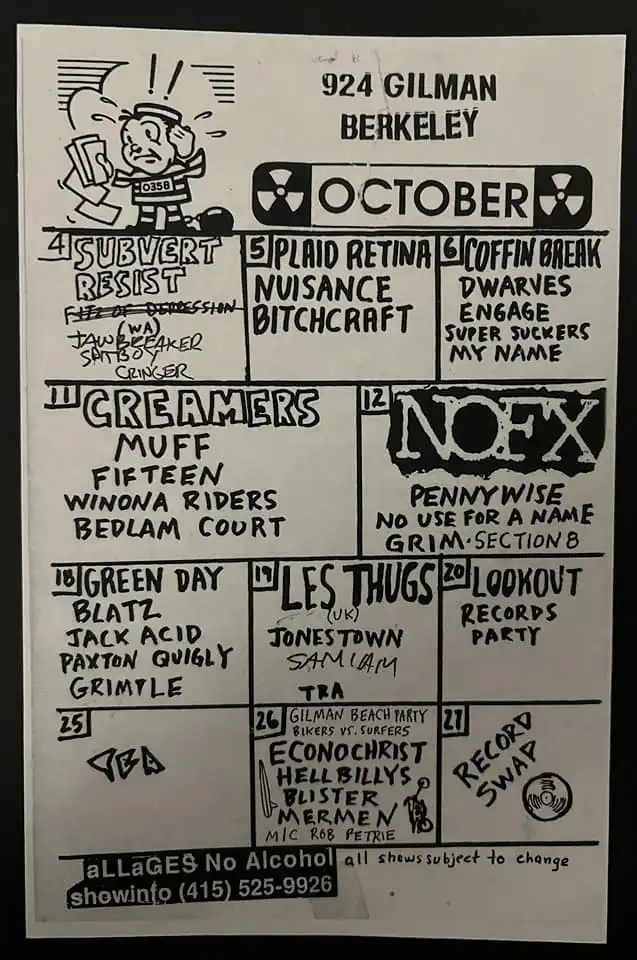A black-and-white hand-drawn poster for the 924 Gilman Berkeley music venue in October, listing punk rock shows with band…