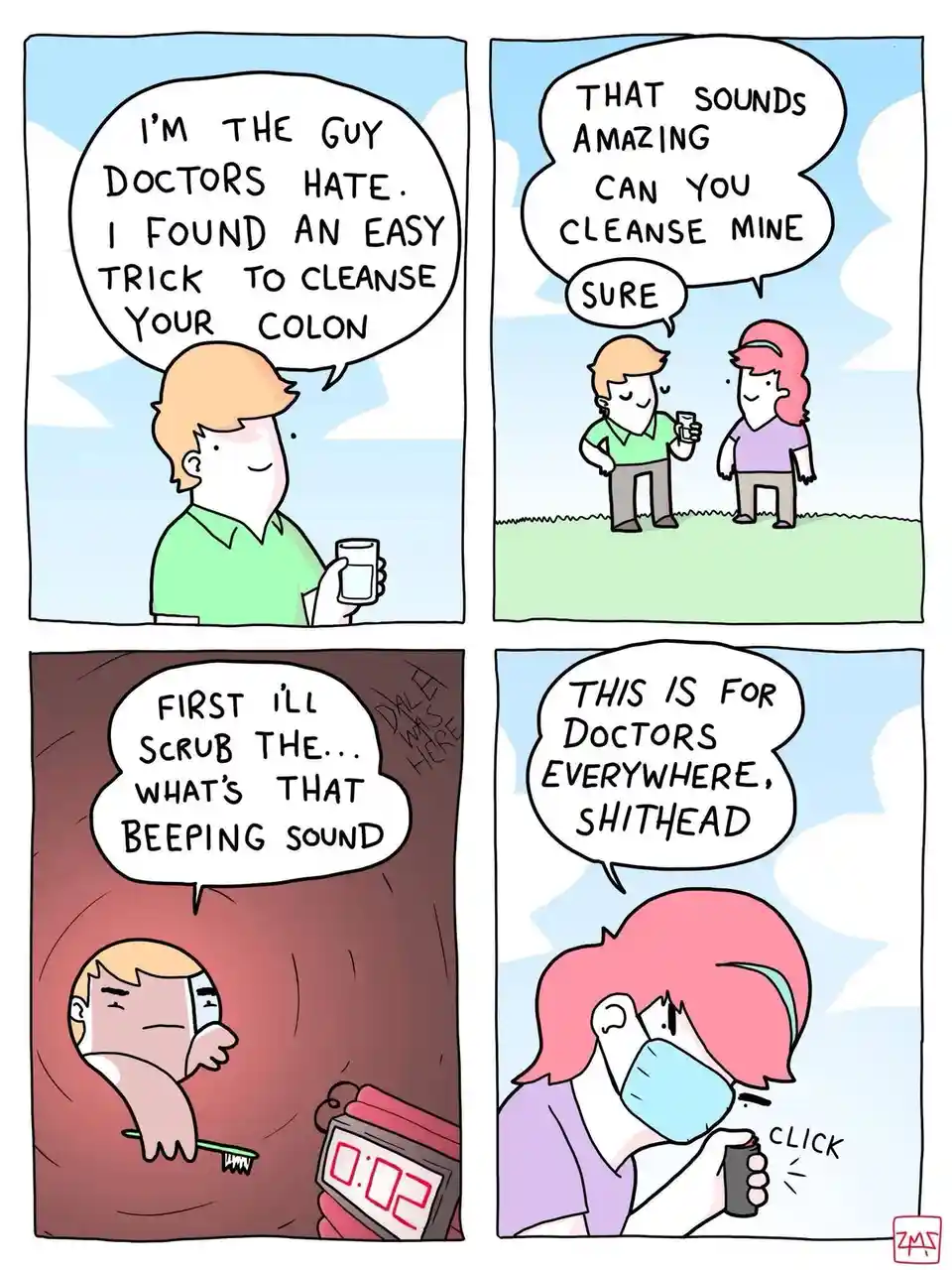 A four-panel comic shows a man claiming to be 'the guy doctors hate' who offers a colon cleanse trick. A woman eagerly…