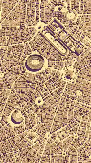 this is a stylized, top-down aerial view of the ancient city of rome, showing its grid-like streets, circular forums, and…