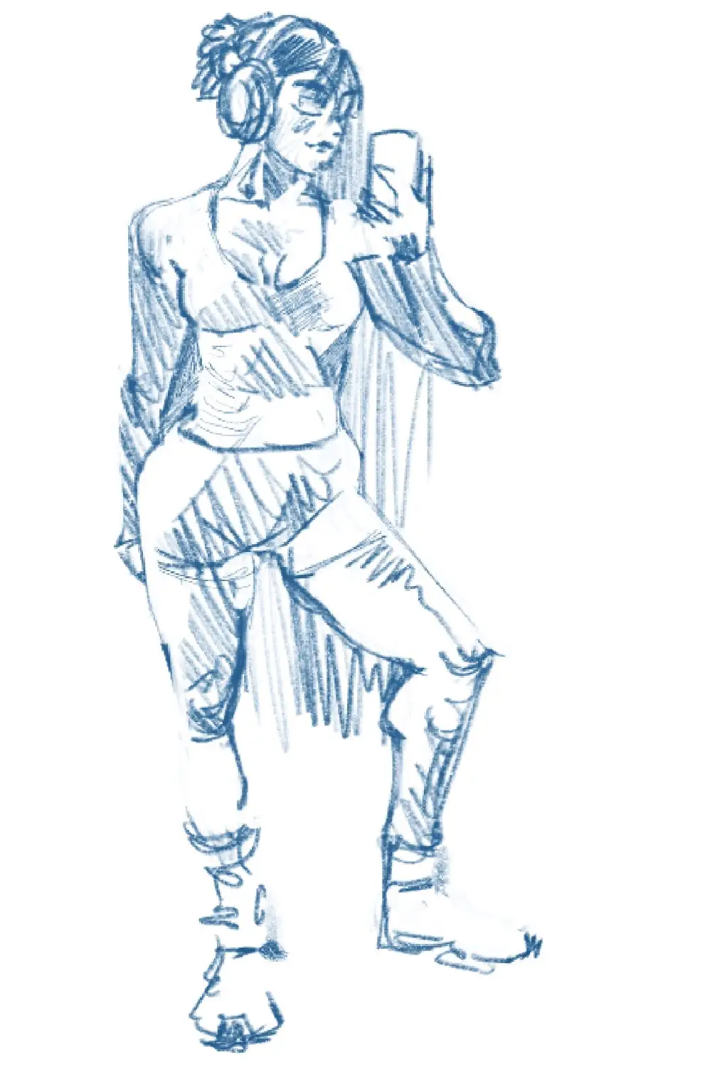A blue ink sketch of a person wearing headphones and holding a phone, standing with one leg lifted and one foot flat on the…