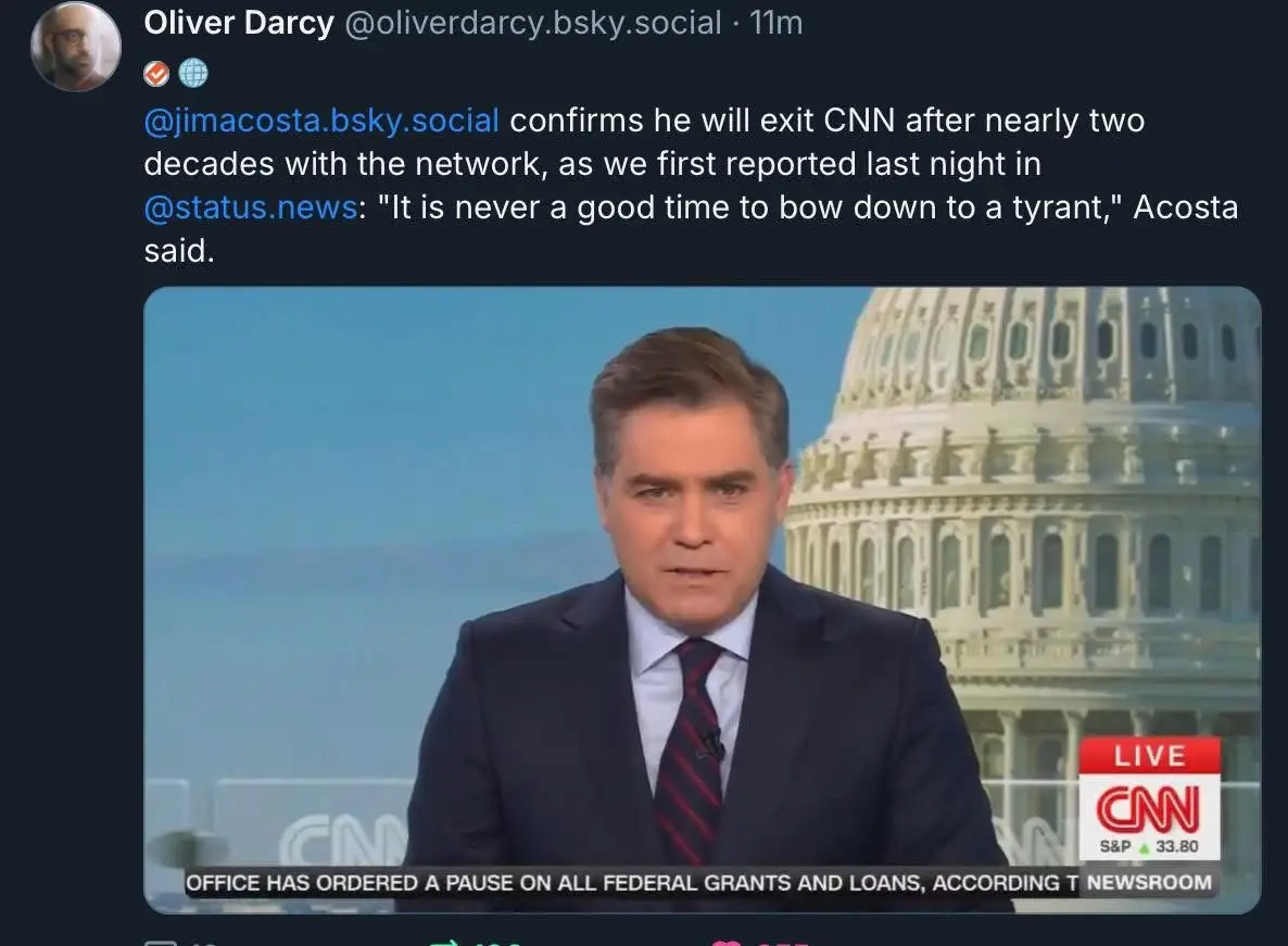 A screenshot of a tweet from Oliver Darcy announcing that Jim Acosta will leave CNN after nearly two decades, citing his…