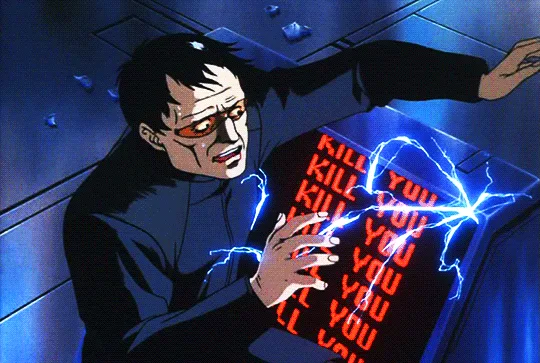 A six-panel anime sequence shows a man in a dark suit and red glasses being electrocuted by blue lightning emanating from a…